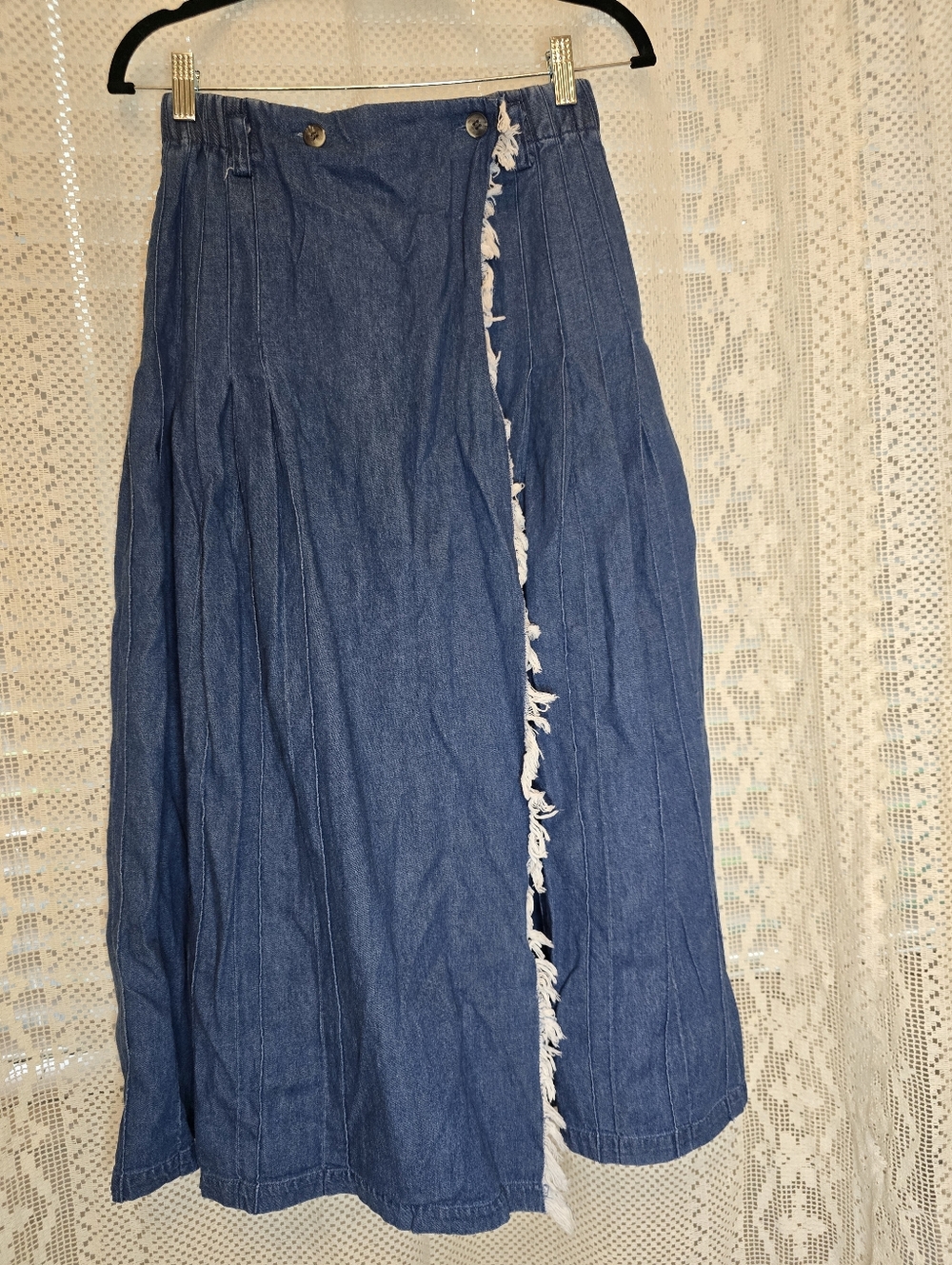 Cambridge Dry Goods Vintage Denim Wrap Skirt With Fray, Button, Womens Small